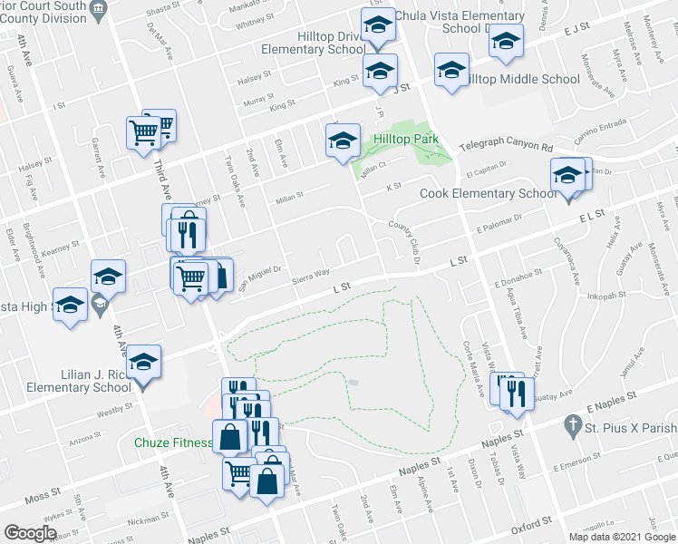 map of restaurants, bars, coffee shops, grocery stores, and more near 148 Sierra Way in Chula Vista