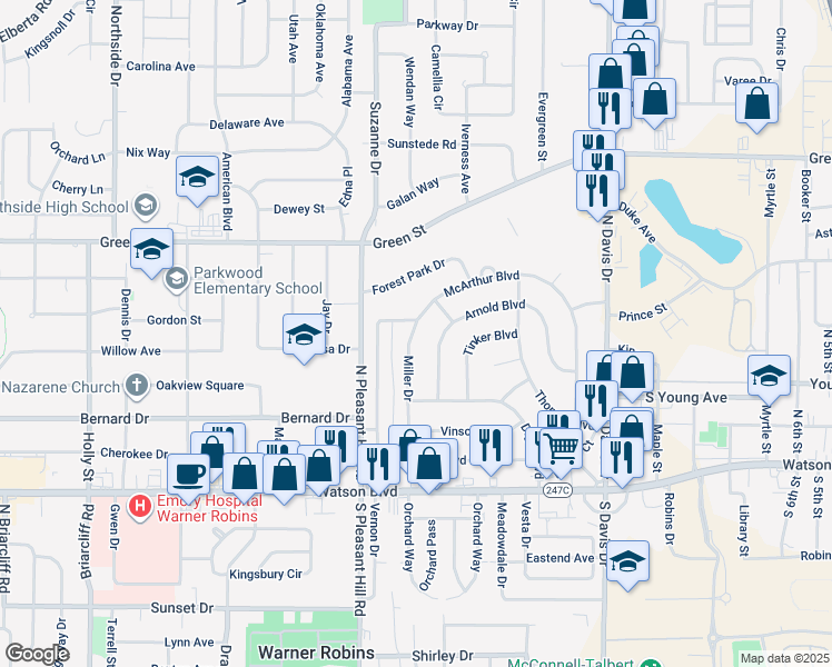 map of restaurants, bars, coffee shops, grocery stores, and more near 610 Miller Drive in Warner Robins