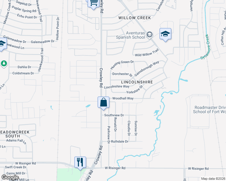 map of restaurants, bars, coffee shops, grocery stores, and more near 1824 Yorkshire Street in Fort Worth