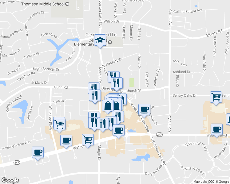 map of restaurants, bars, coffee shops, grocery stores, and more near 105 Gunn Road in Centerville