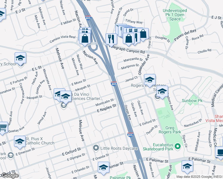 map of restaurants, bars, coffee shops, grocery stores, and more near 1034 Nacion Avenue in Chula Vista