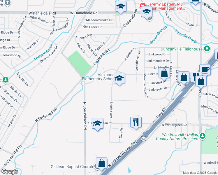 map of restaurants, bars, coffee shops, grocery stores, and more near 519 Softwood Drive in Duncanville