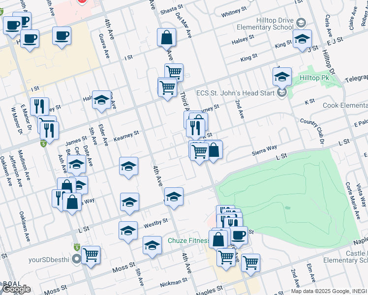 map of restaurants, bars, coffee shops, grocery stores, and more near 345 A K Street in Chula Vista