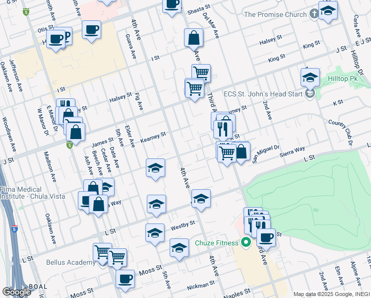 map of restaurants, bars, coffee shops, grocery stores, and more near 379 K Street in Chula Vista