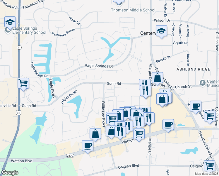 map of restaurants, bars, coffee shops, grocery stores, and more near 101 Capitol Avenue in Warner Robins