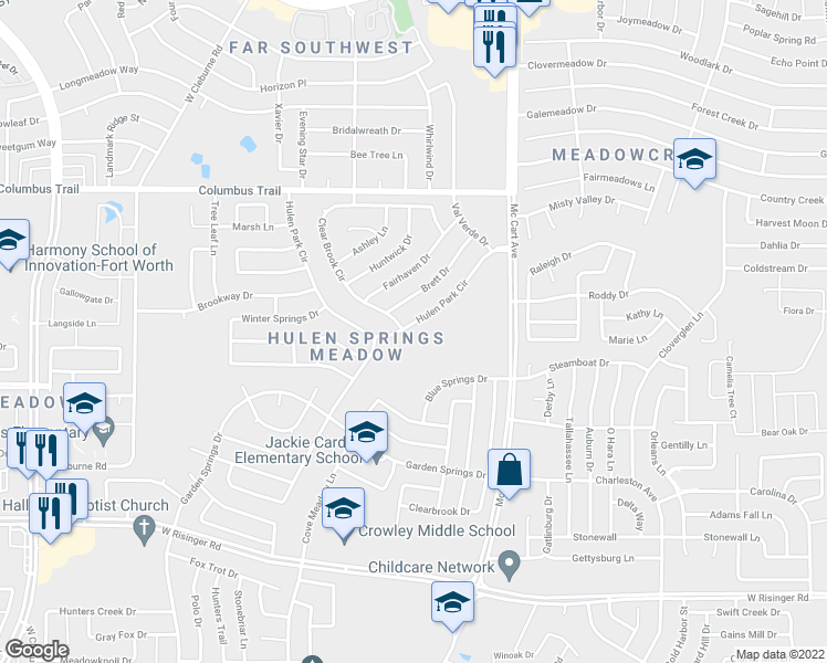 map of restaurants, bars, coffee shops, grocery stores, and more near 3743 Hulen Park Circle in Fort Worth