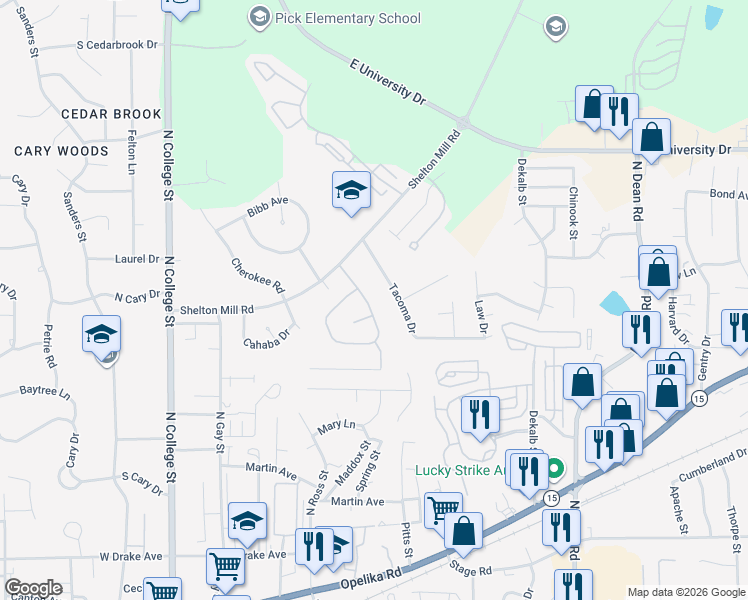 map of restaurants, bars, coffee shops, grocery stores, and more near 816 Tullahoma Drive in Auburn