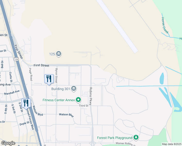 map of restaurants, bars, coffee shops, grocery stores, and more near 700 Robins Parkway in Robins Air Force Base