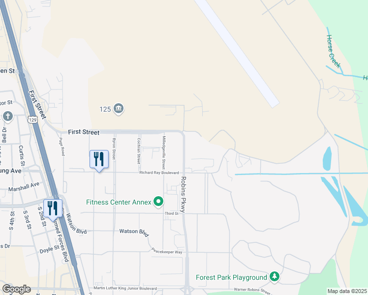 map of restaurants, bars, coffee shops, grocery stores, and more near 700 Robins Parkway in Robins Air Force Base