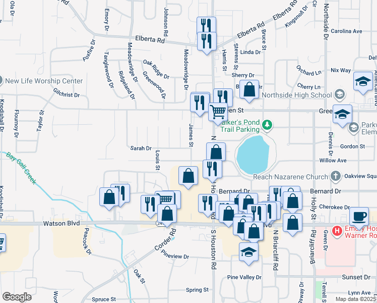 map of restaurants, bars, coffee shops, grocery stores, and more near 301 Sarah Drive in Warner Robins