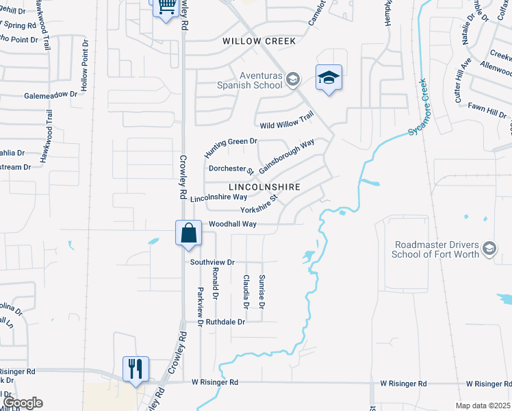 map of restaurants, bars, coffee shops, grocery stores, and more near 1632 Yorkshire Street in Fort Worth