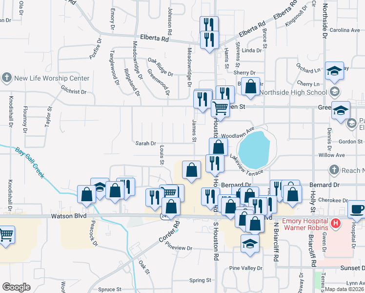 map of restaurants, bars, coffee shops, grocery stores, and more near 307 Sarah Drive in Warner Robins