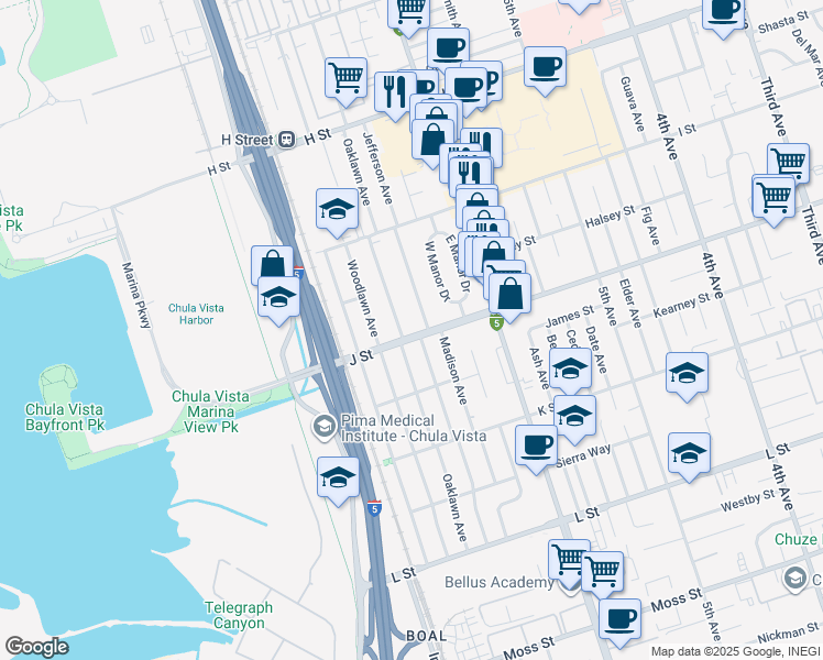 map of restaurants, bars, coffee shops, grocery stores, and more near 683 J Street in Chula Vista