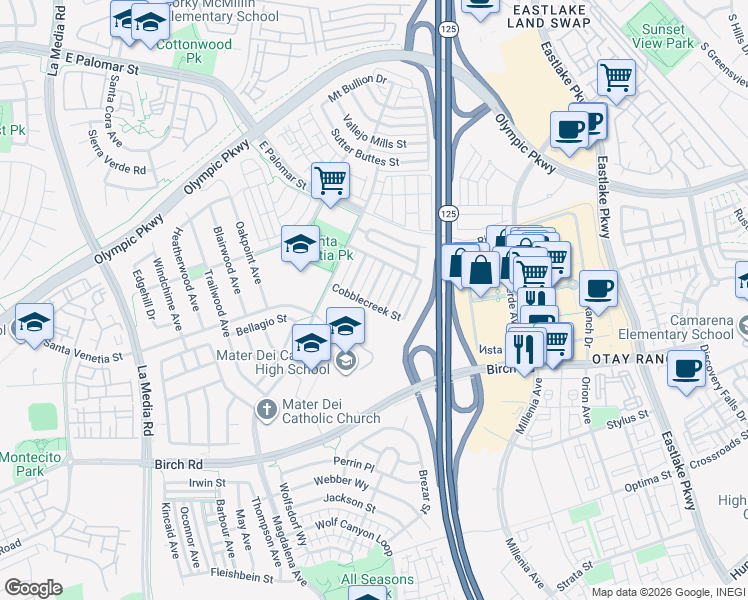 map of restaurants, bars, coffee shops, grocery stores, and more near 1561 Hunters Glen Avenue in Chula Vista