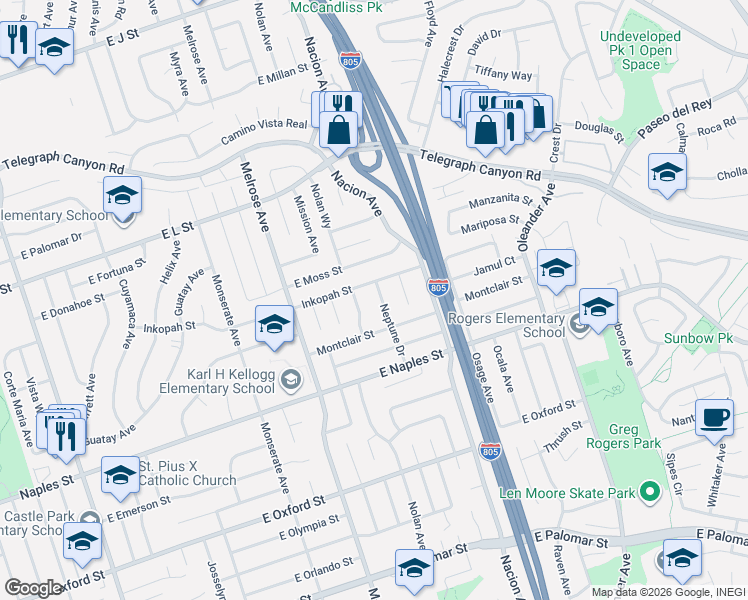 map of restaurants, bars, coffee shops, grocery stores, and more near 1009 Nolan Lane in Chula Vista