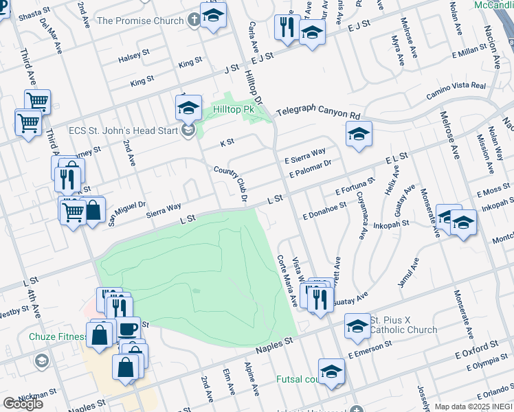 map of restaurants, bars, coffee shops, grocery stores, and more near 57 L Street in Chula Vista