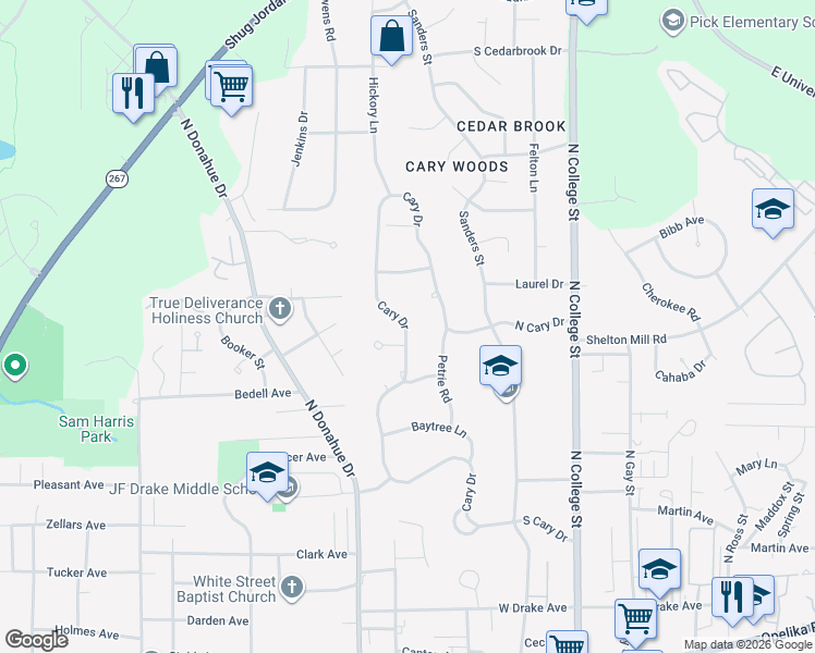 map of restaurants, bars, coffee shops, grocery stores, and more near 514 Cary Drive in Auburn