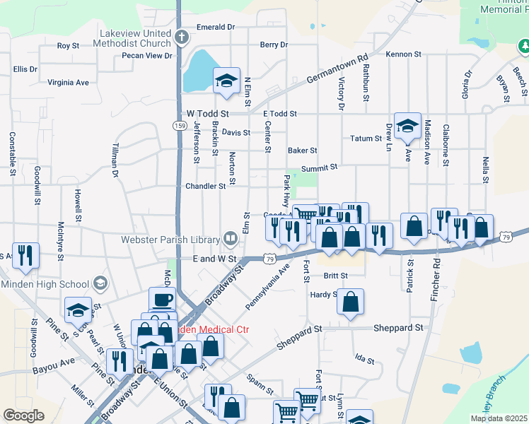 map of restaurants, bars, coffee shops, grocery stores, and more near 109 Goode Ave in Minden