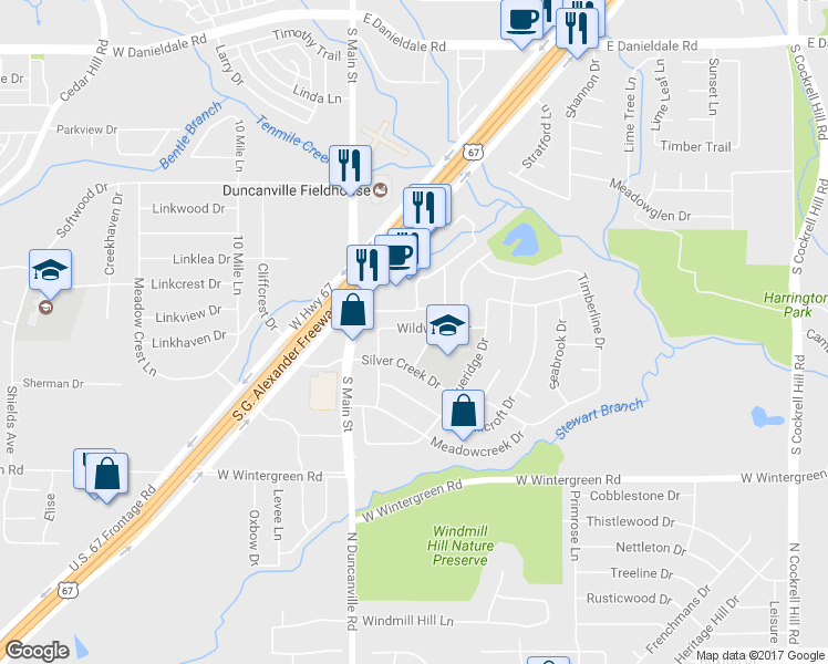map of restaurants, bars, coffee shops, grocery stores, and more near 134 Wildwood Drive in Duncanville