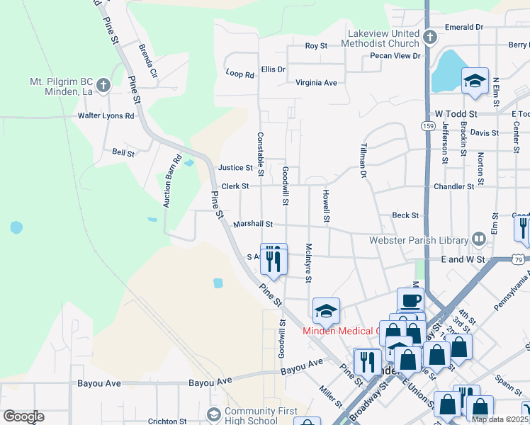 map of restaurants, bars, coffee shops, grocery stores, and more near 604 Constable Street in Minden