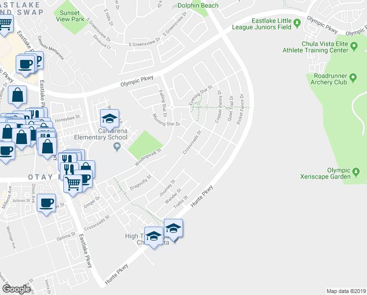 map of restaurants, bars, coffee shops, grocery stores, and more near 1738 Crossroads St in Chula Vista