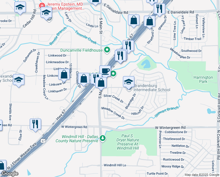map of restaurants, bars, coffee shops, grocery stores, and more near 1907 Spindletop Drive in Duncanville