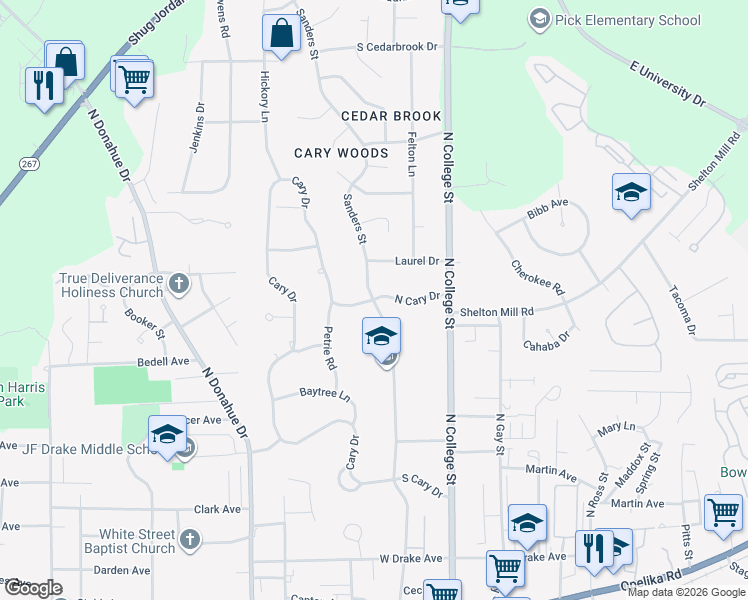 map of restaurants, bars, coffee shops, grocery stores, and more near 505 North Cary Drive in Auburn