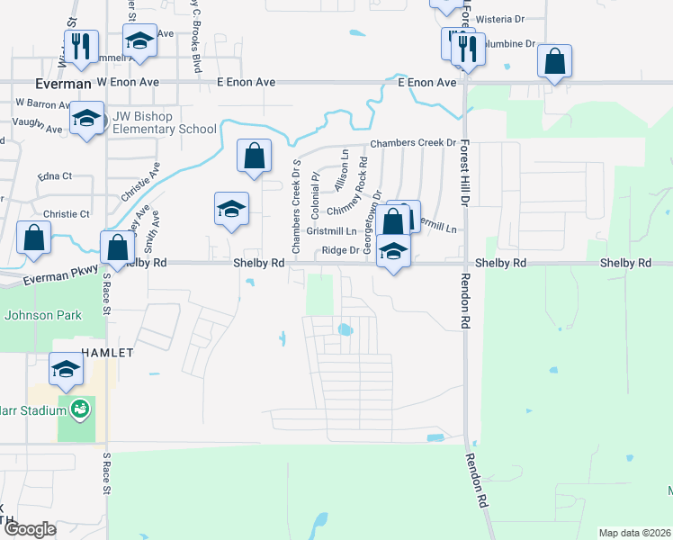 map of restaurants, bars, coffee shops, grocery stores, and more near 2900 Shelby Road in Fort Worth