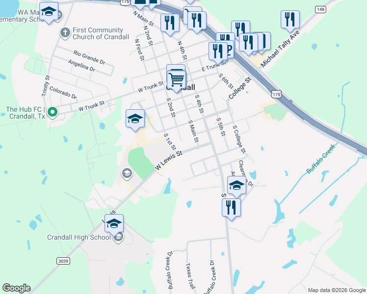 map of restaurants, bars, coffee shops, grocery stores, and more near 108 West Lewis Street in Crandall
