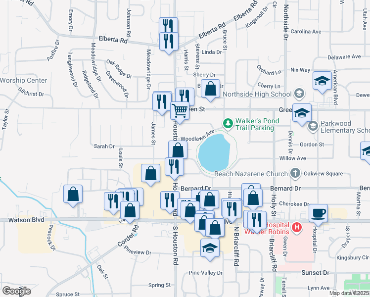 map of restaurants, bars, coffee shops, grocery stores, and more near 154 Willow Avenue in Warner Robins