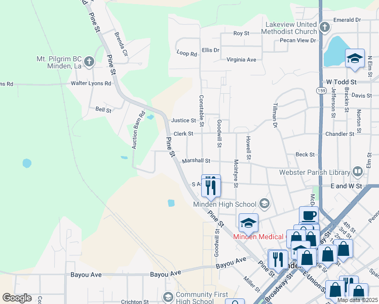 map of restaurants, bars, coffee shops, grocery stores, and more near 606 Police Street in Minden