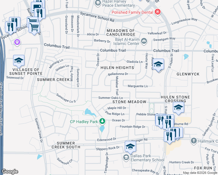 map of restaurants, bars, coffee shops, grocery stores, and more near 4932 Belladonna Drive in Fort Worth