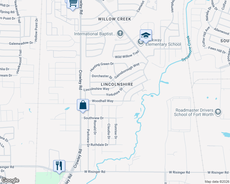 map of restaurants, bars, coffee shops, grocery stores, and more near 1632 Yorkshire Street in Fort Worth
