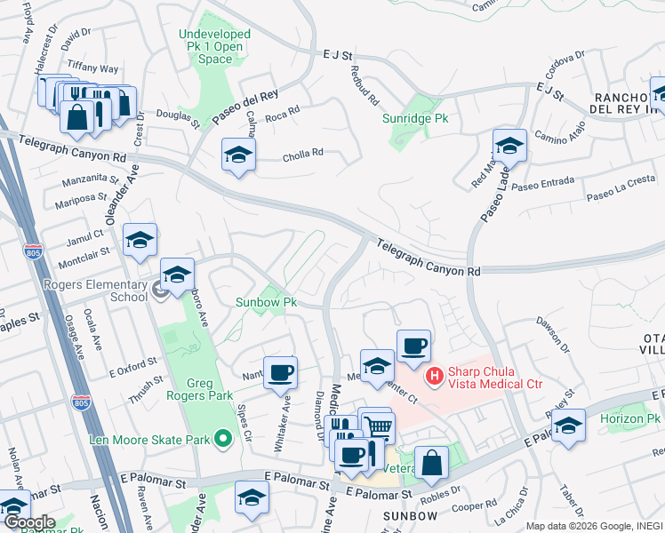 map of restaurants, bars, coffee shops, grocery stores, and more near 706 Sundance Court in Chula Vista
