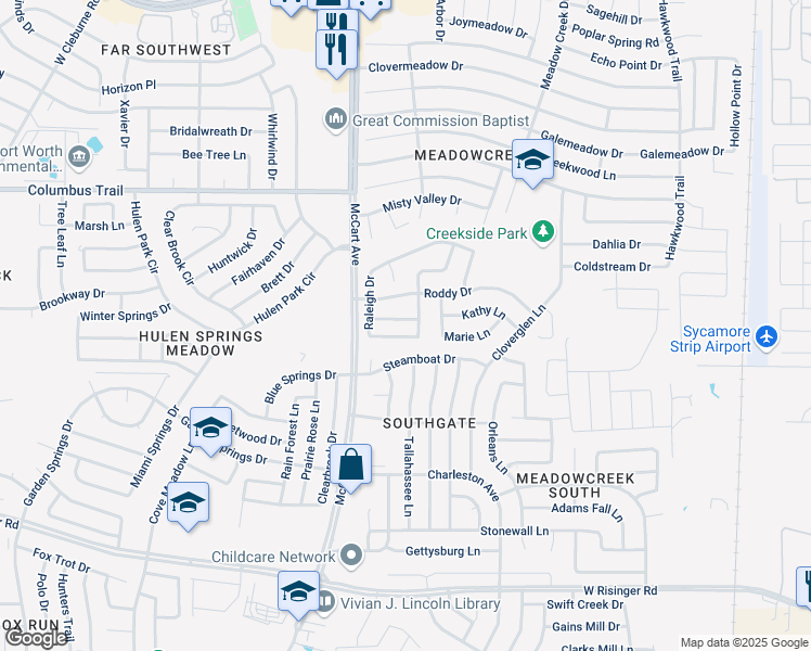 map of restaurants, bars, coffee shops, grocery stores, and more near 3409 Michelle Ridge Drive in Fort Worth