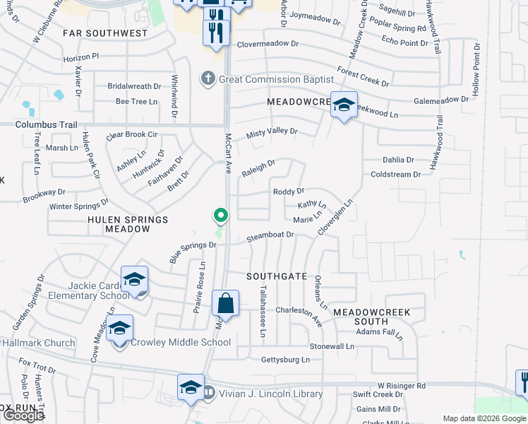 map of restaurants, bars, coffee shops, grocery stores, and more near 3405 Michelle Ridge Drive in Fort Worth