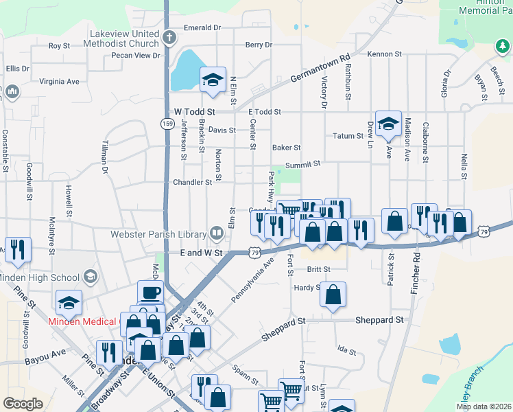 map of restaurants, bars, coffee shops, grocery stores, and more near 109 Goode Avenue in Minden