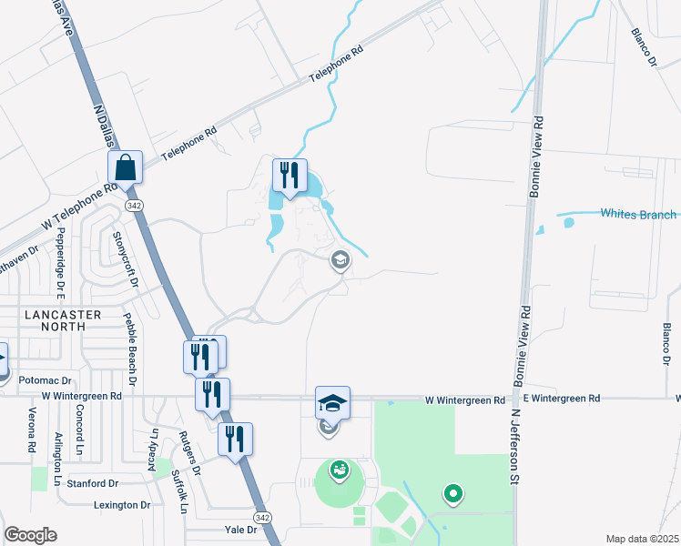map of restaurants, bars, coffee shops, grocery stores, and more near 3030 North Dallas Avenue in Lancaster