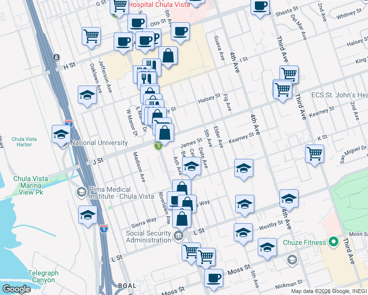 map of restaurants, bars, coffee shops, grocery stores, and more near 731 Beech Avenue in Chula Vista