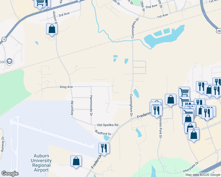 map of restaurants, bars, coffee shops, grocery stores, and more near 3001 King Avenue in Opelika