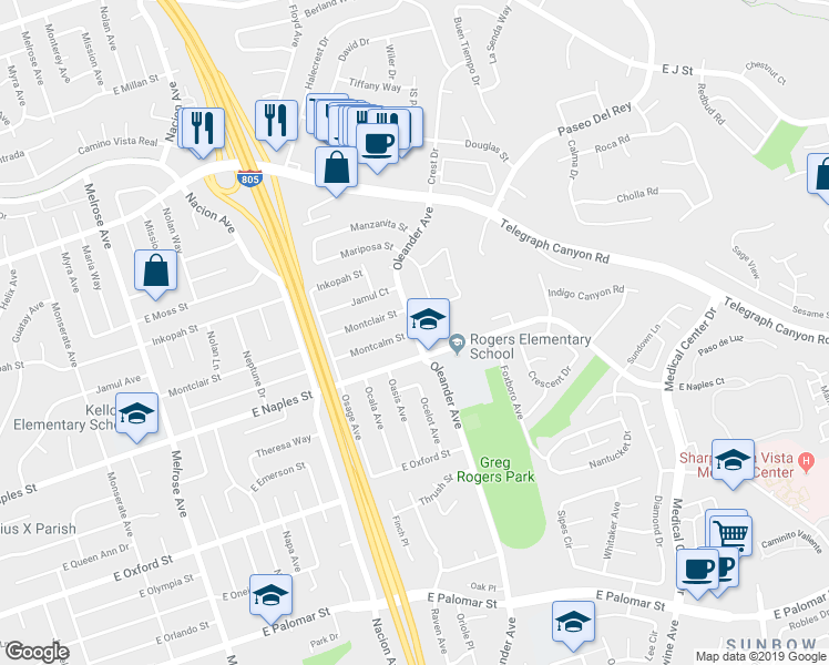 map of restaurants, bars, coffee shops, grocery stores, and more near Oleander Ave & Montcalm St in Chula Vista