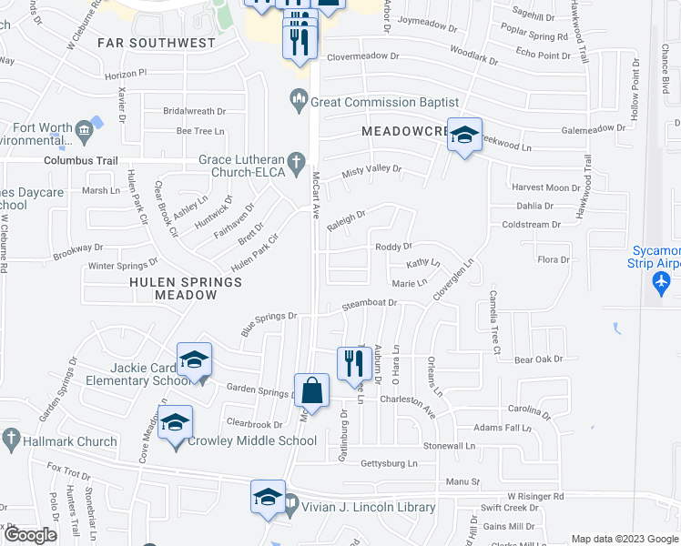 map of restaurants, bars, coffee shops, grocery stores, and more near 3429 Michelle Ridge Drive in Fort Worth