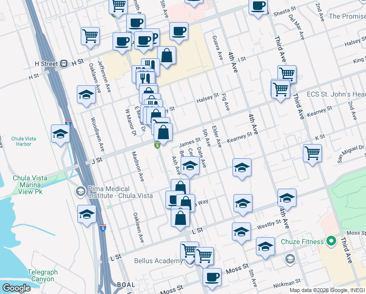 map of restaurants, bars, coffee shops, grocery stores, and more near 731 Beech Avenue in Chula Vista
