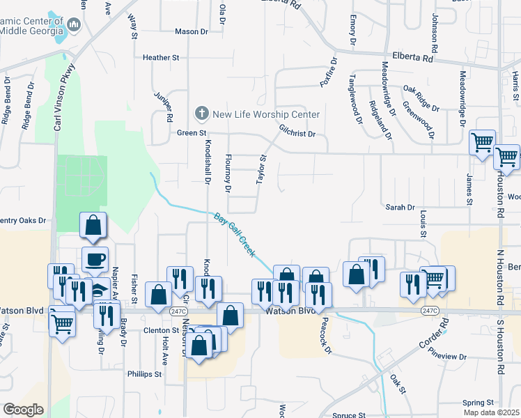 map of restaurants, bars, coffee shops, grocery stores, and more near 200 Taylor Street in Warner Robins