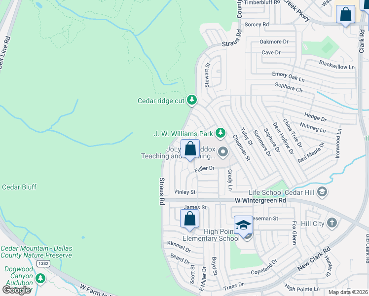 map of restaurants, bars, coffee shops, grocery stores, and more near 713 Crenshaw Drive in Cedar Hill