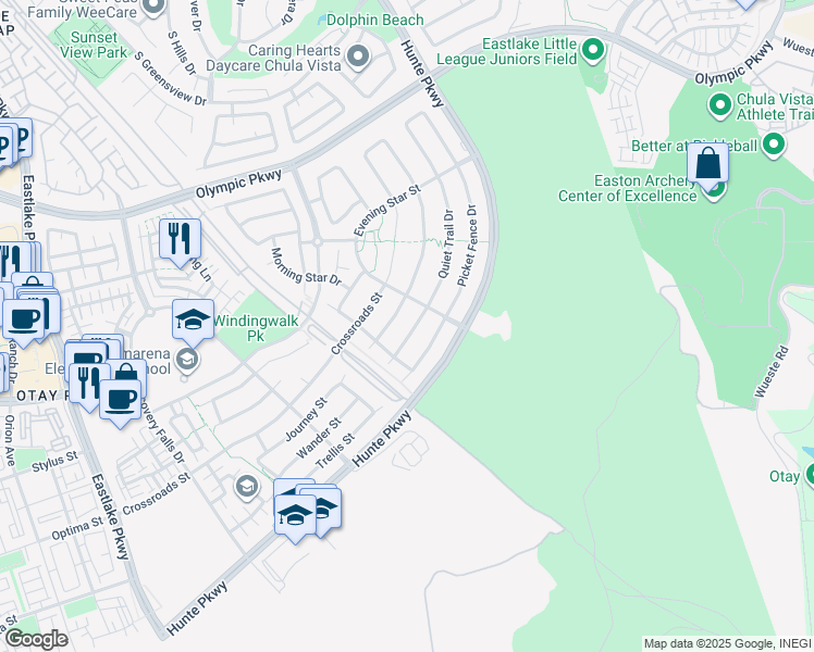 map of restaurants, bars, coffee shops, grocery stores, and more near 1733 Quiet Trail Drive in Chula Vista