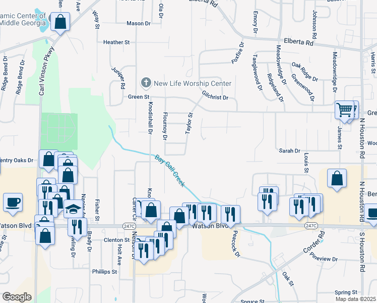 map of restaurants, bars, coffee shops, grocery stores, and more near 200 Taylor Street in Warner Robins