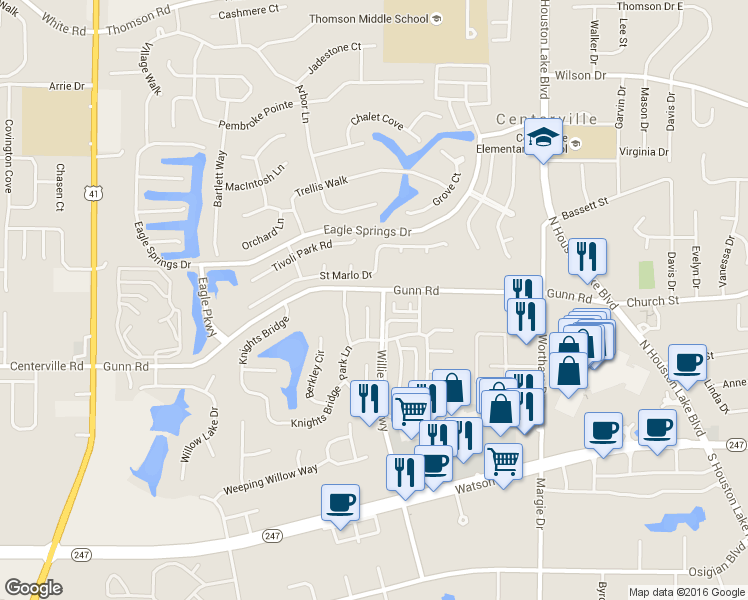 map of restaurants, bars, coffee shops, grocery stores, and more near 114 Mayfair Circle in Warner Robins