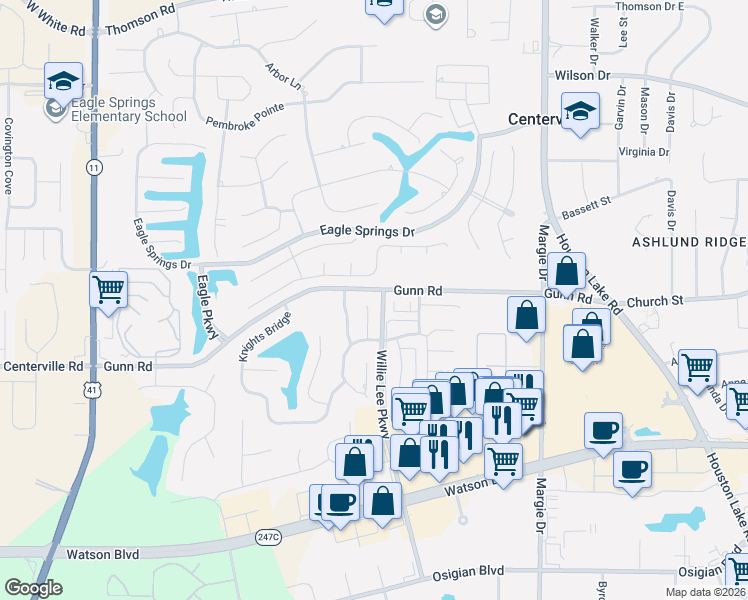 map of restaurants, bars, coffee shops, grocery stores, and more near 114 Mayfair Circle in Warner Robins