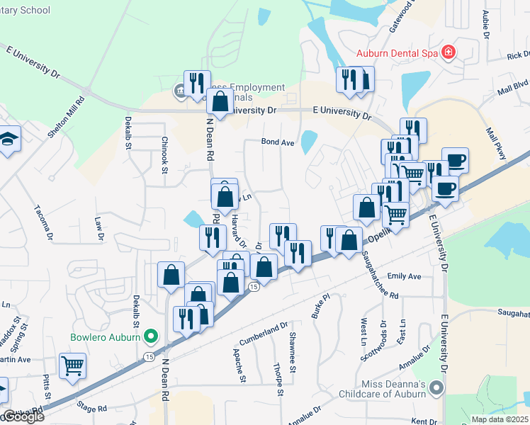 map of restaurants, bars, coffee shops, grocery stores, and more near 1114 Country Circle in Auburn